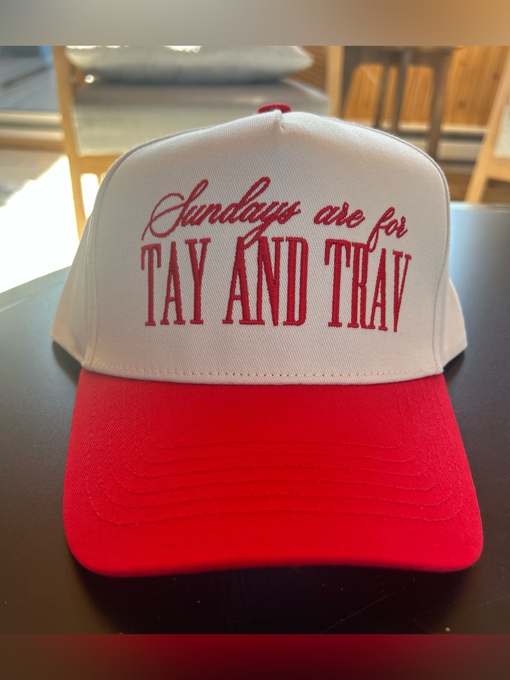 White and Red Women's Trucker Cap with 'Sundays are for TAY AND TRAV' Embroidery